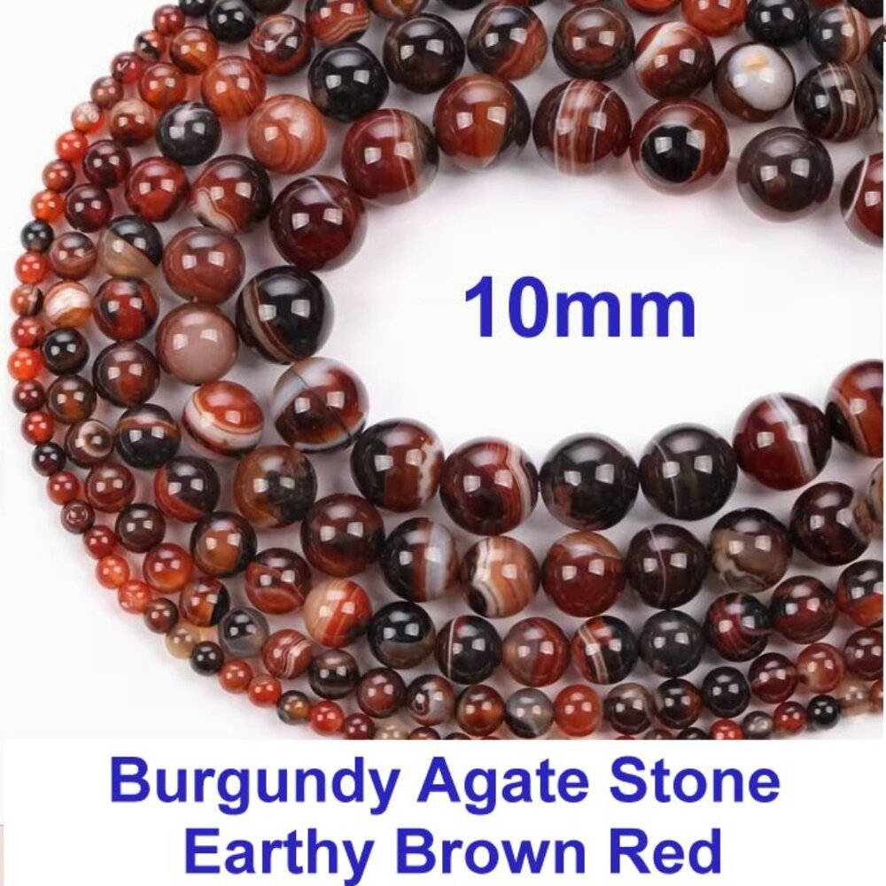 Burgundy Agate Stone Round Beads - Earthy Brown Red Beads 15" Strand 10mm